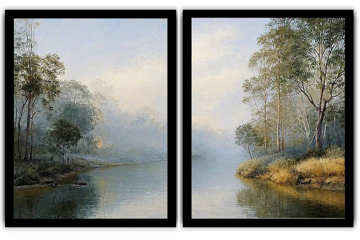 Misty river landscape diptych canvas art with trees for elegant living room decor.