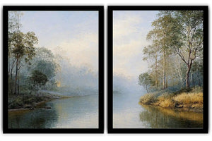 Misty river landscape diptych canvas art with trees for elegant living room decor.
