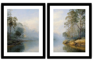 Misty river landscape diptych canvas art with trees for elegant living room decor.