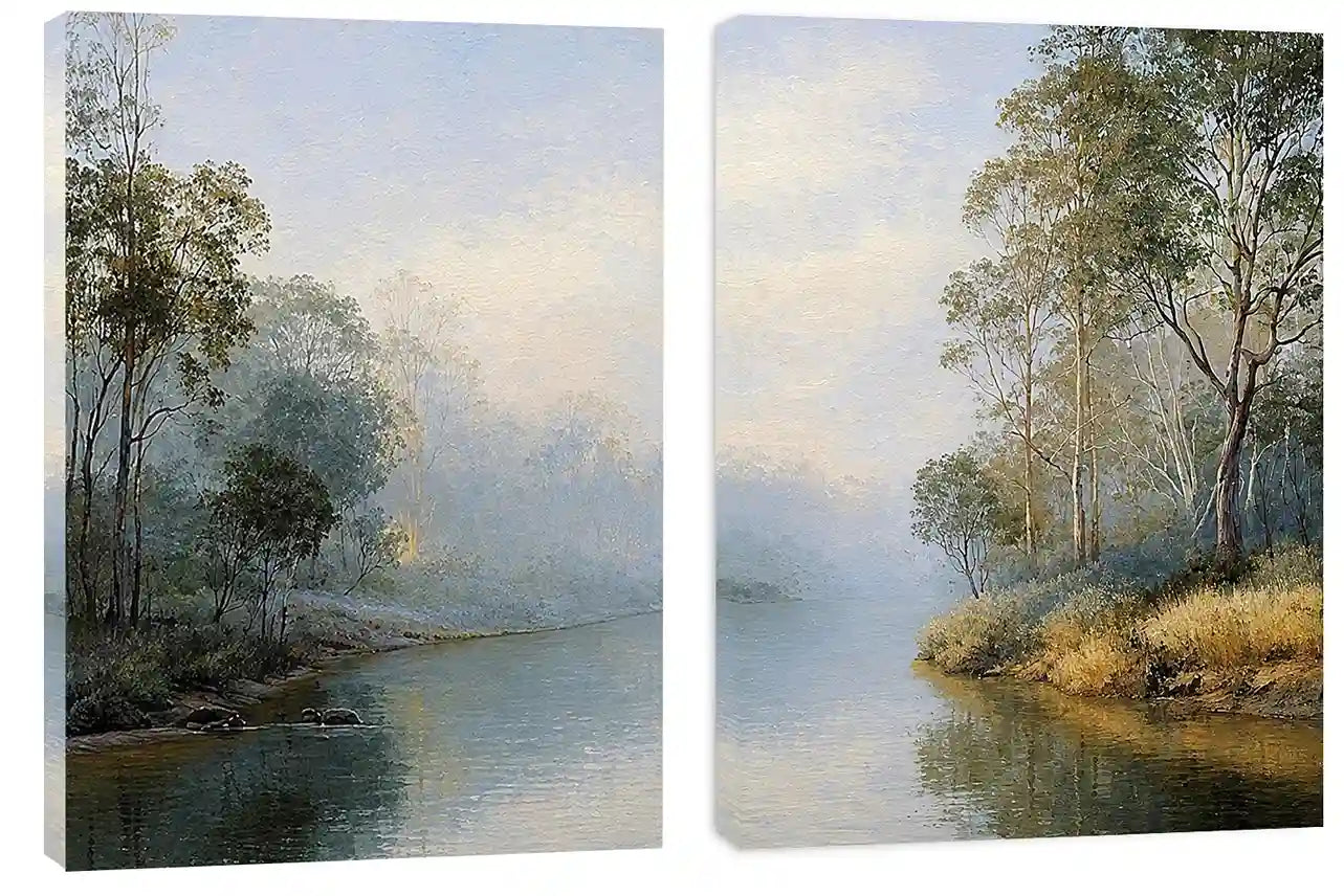 Misty river landscape diptych canvas art with trees for elegant living room decor.