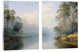 Misty river landscape diptych canvas art with trees for elegant living room decor.