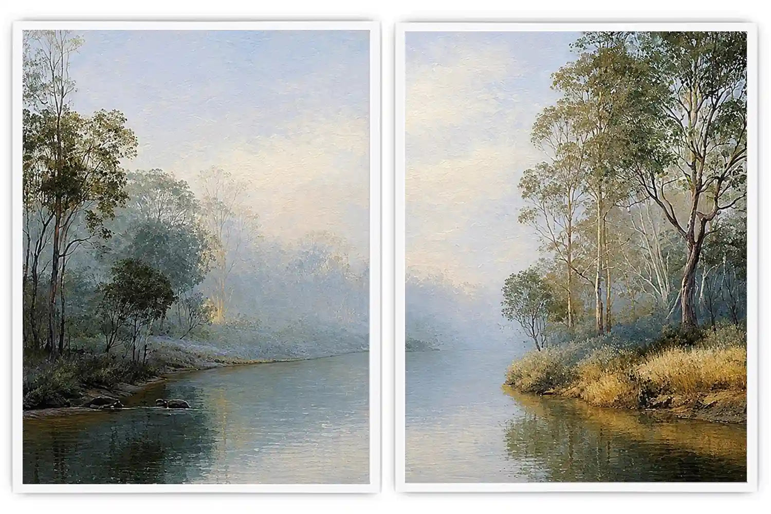 Misty river landscape diptych canvas art with trees for elegant living room decor.