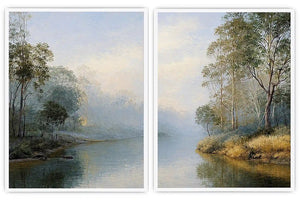 Misty river landscape diptych canvas art with trees for elegant living room decor.