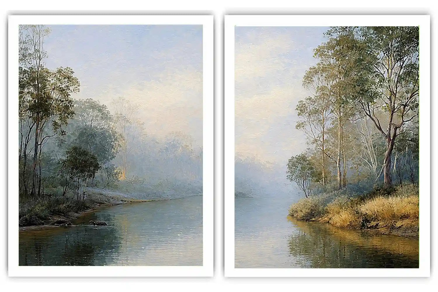 Misty river landscape diptych canvas art with trees for elegant living room decor.