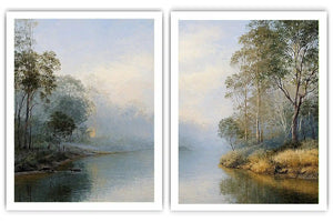 Misty river landscape diptych canvas art with trees for elegant living room decor.