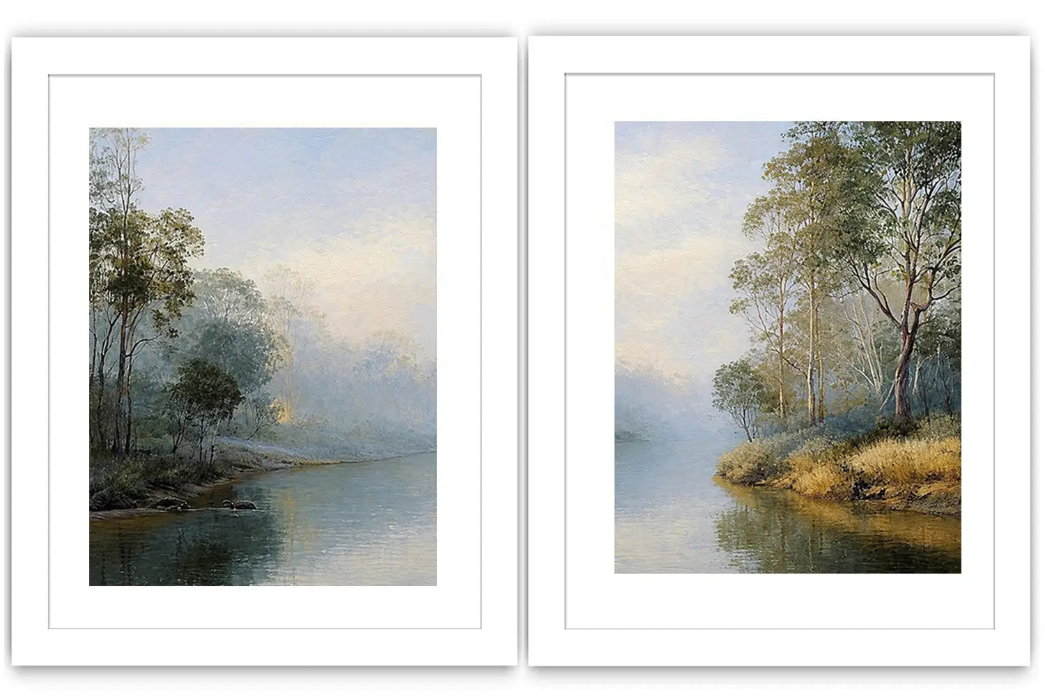 Misty river landscape diptych canvas art with trees for elegant living room decor.