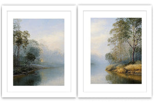 Misty river landscape diptych canvas art with trees for elegant living room decor.