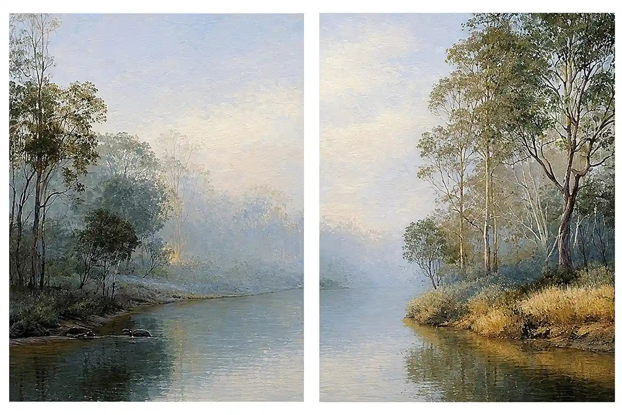 Misty river landscape diptych canvas art with trees for elegant living room decor.