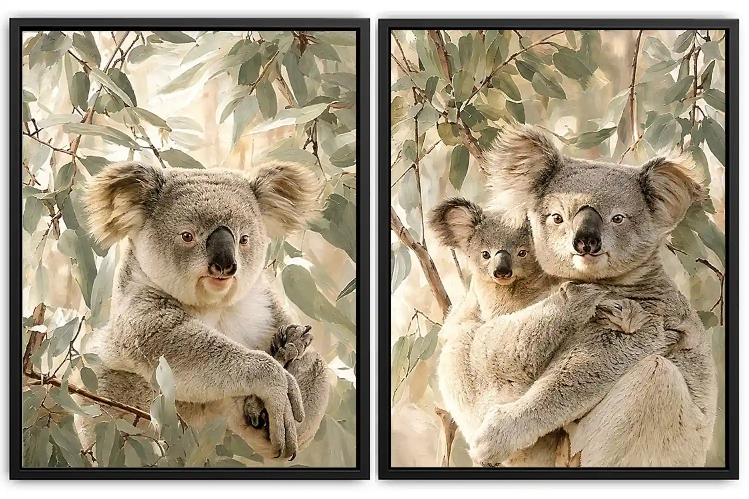 Soft koala eucalyptus diptych canvas art for nursery or modern living room decor.