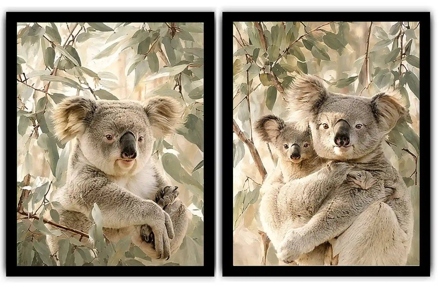 Soft koala eucalyptus diptych canvas art for nursery or modern living room decor.
