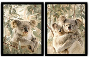 Soft koala eucalyptus diptych canvas art for nursery or modern living room decor.