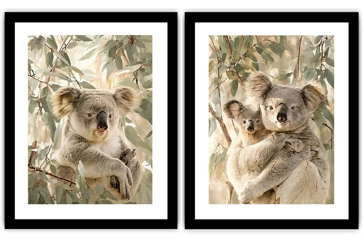 Soft koala eucalyptus diptych canvas art for nursery or modern living room decor.