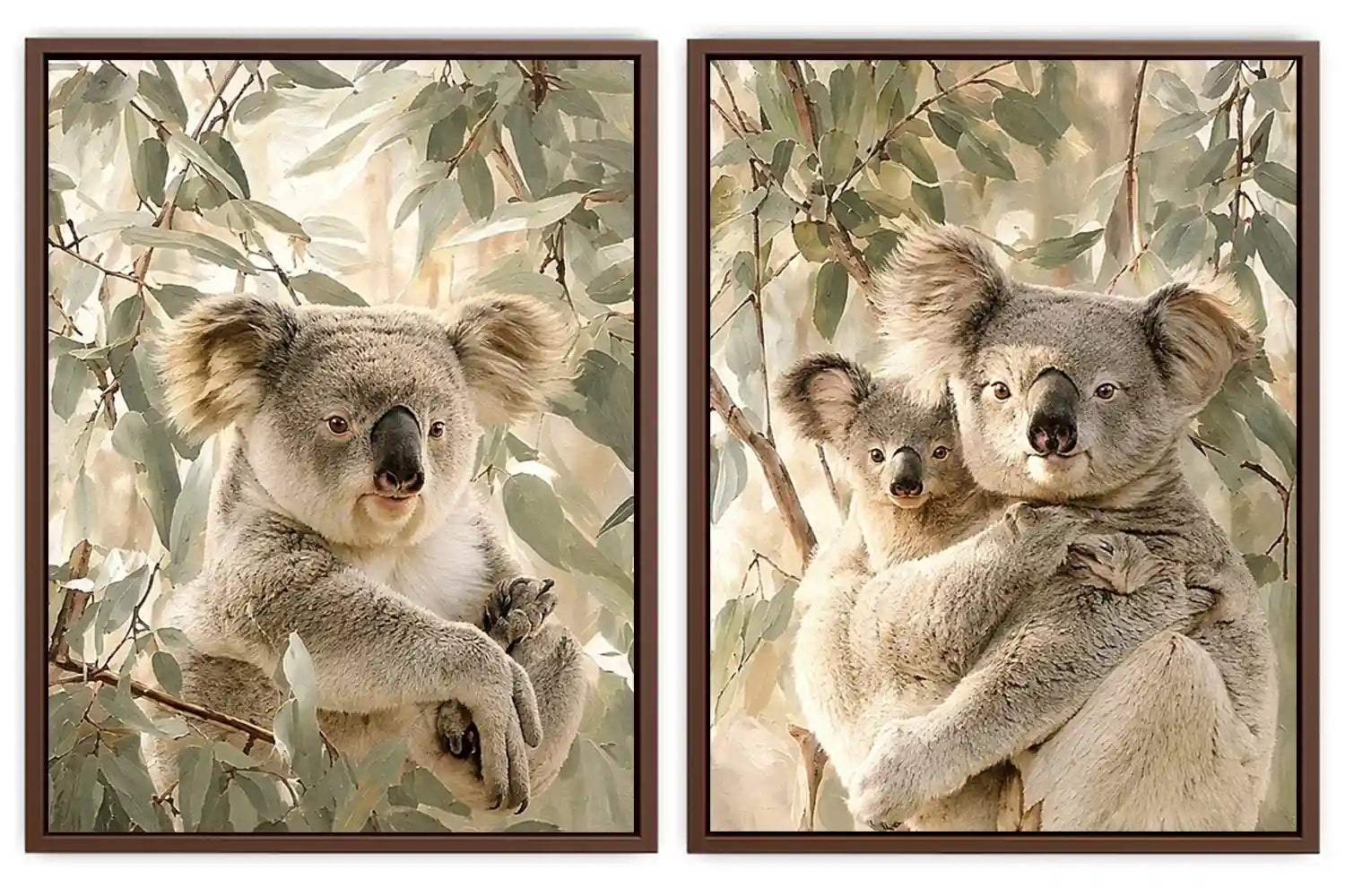 Soft koala eucalyptus diptych canvas art for nursery or modern living room decor.