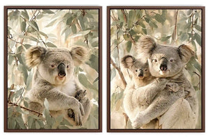 Soft koala eucalyptus diptych canvas art for nursery or modern living room decor.
