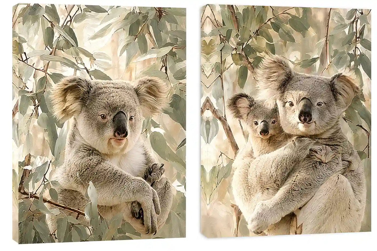 Soft koala eucalyptus diptych canvas art for nursery or modern living room decor.