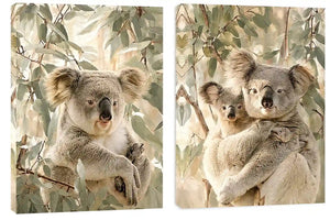 Soft koala eucalyptus diptych canvas art for nursery or modern living room decor.
