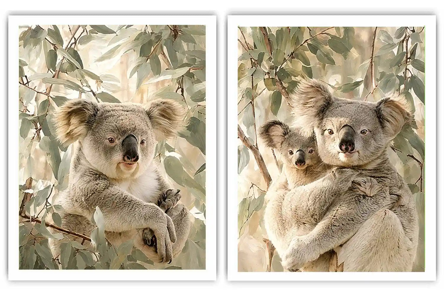 Soft koala eucalyptus diptych canvas art for nursery or modern living room decor.