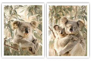 Soft koala eucalyptus diptych canvas art for nursery or modern living room decor.