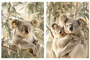 Soft koala eucalyptus diptych canvas art for nursery or modern living room decor.