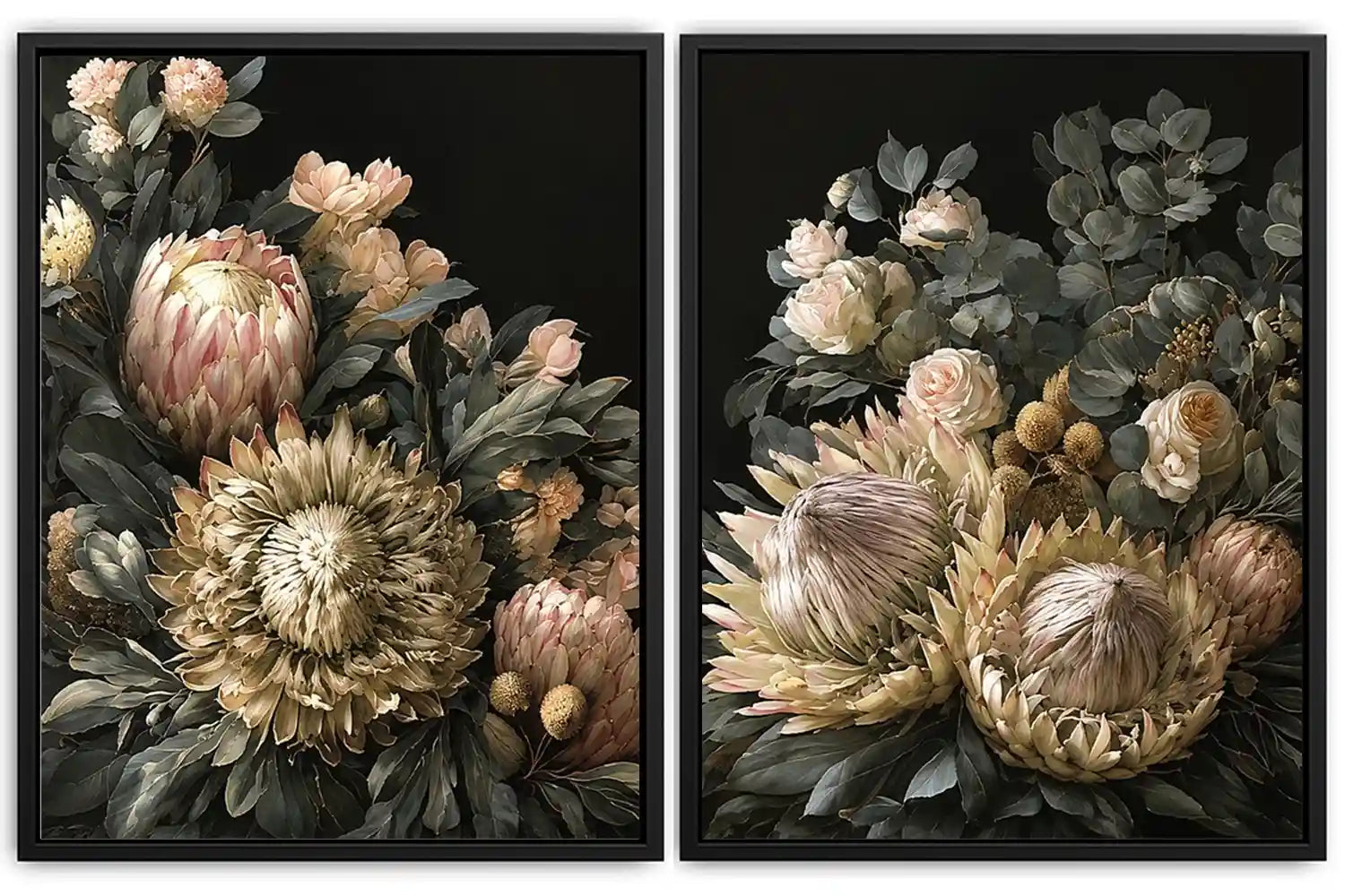 Dark floral diptych canvas art with protea roses and eucalyptus for elegant living room decor.