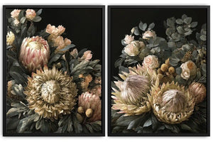 Dark floral diptych canvas art with protea roses and eucalyptus for elegant living room decor.