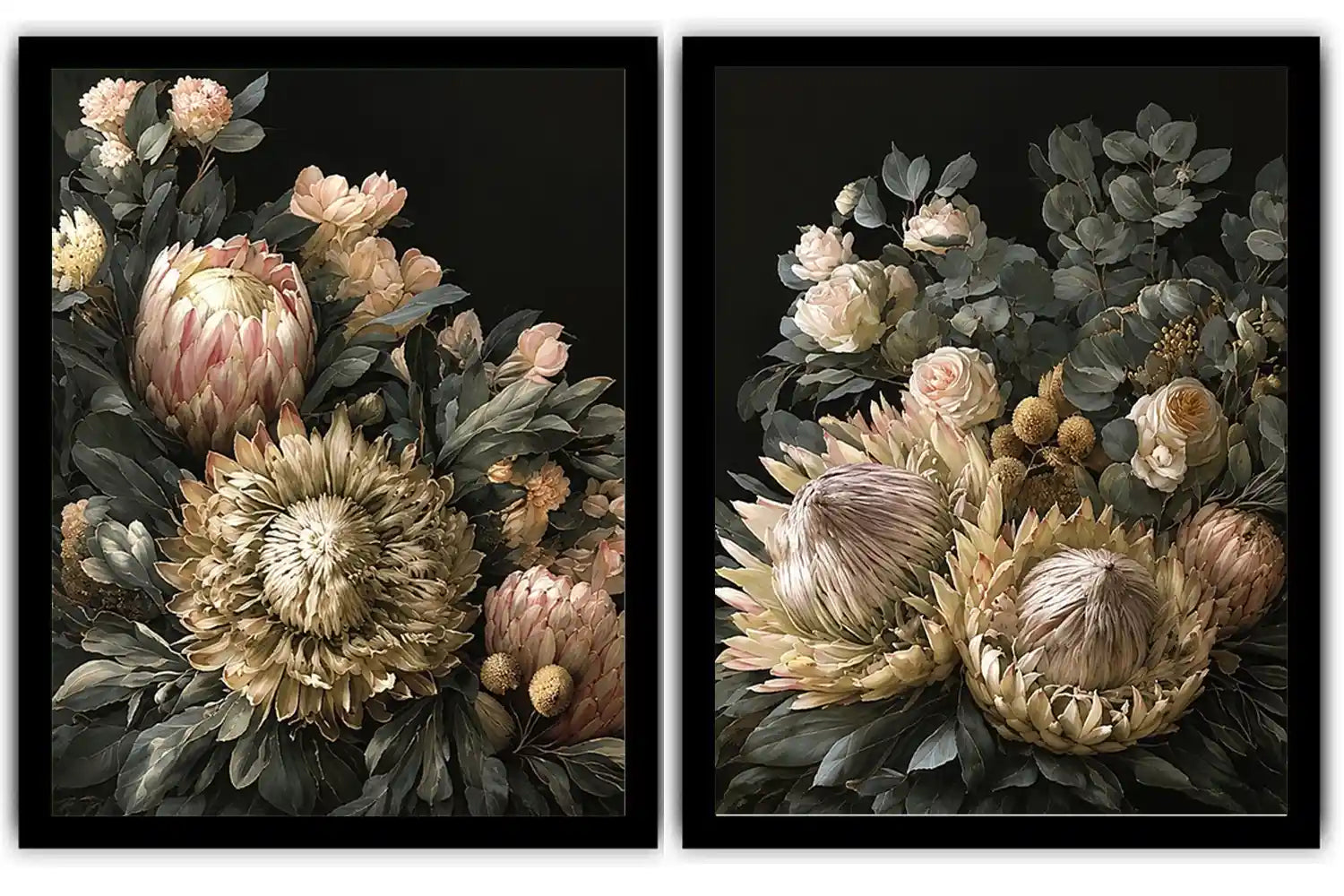 Dark floral diptych canvas art with protea roses and eucalyptus for elegant living room decor.