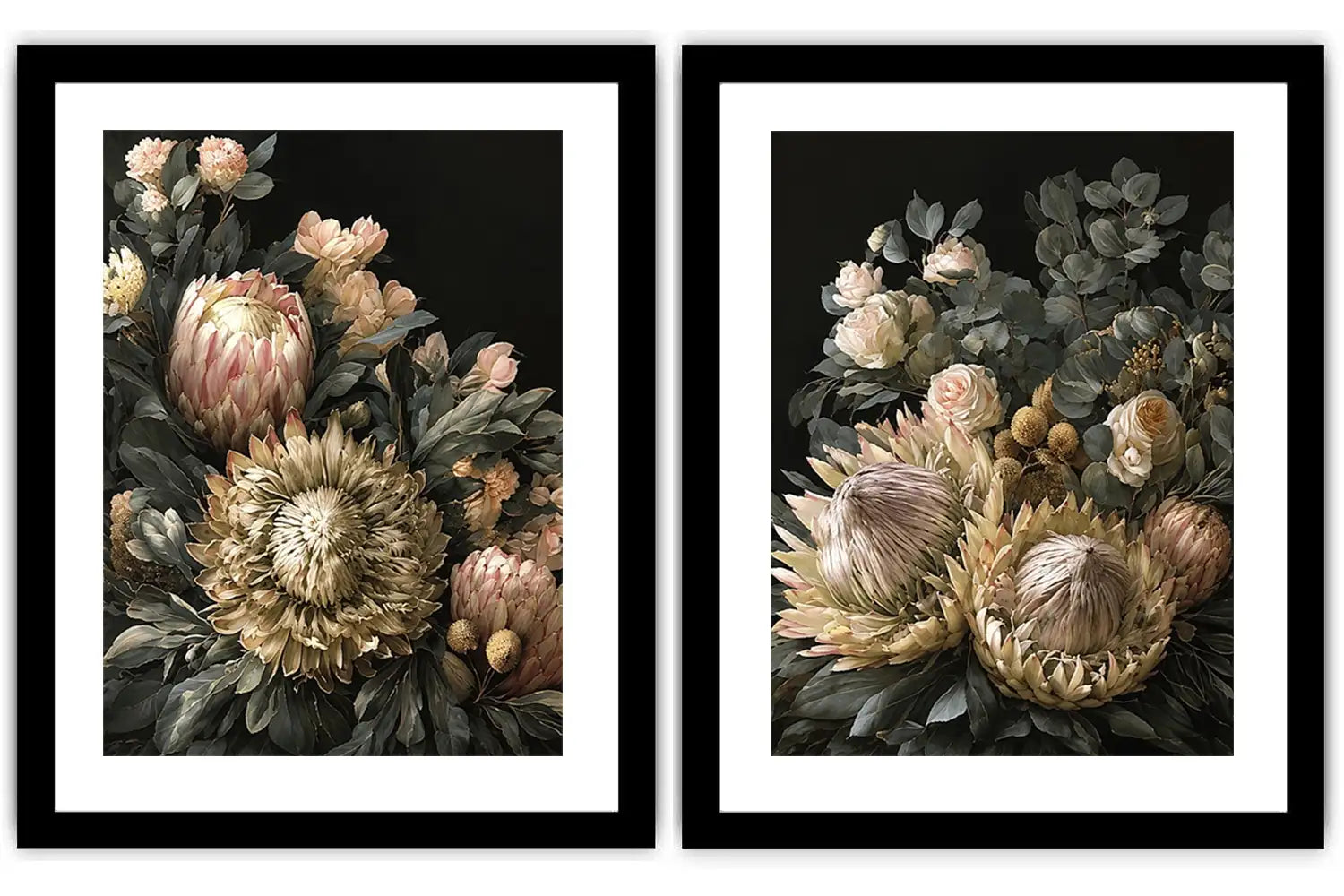 Dark floral diptych canvas art with protea roses and eucalyptus for elegant living room decor.