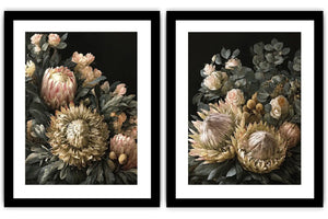 Dark floral diptych canvas art with protea roses and eucalyptus for elegant living room decor.