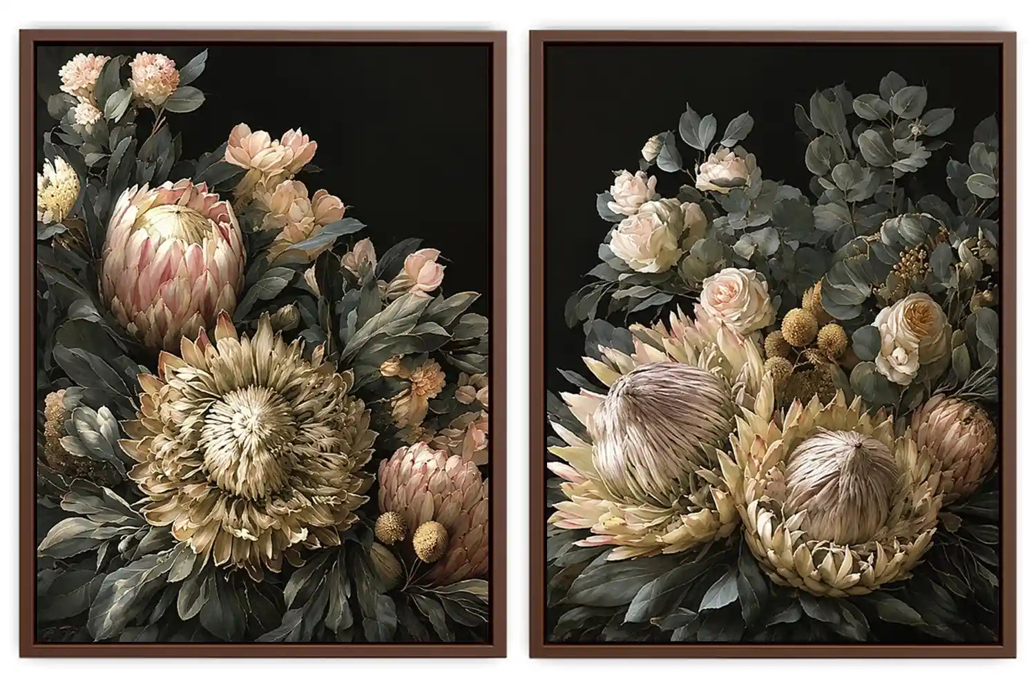 Dark floral diptych canvas art with protea roses and eucalyptus for elegant living room decor.
