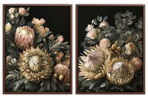 Dark floral diptych canvas art with protea roses and eucalyptus for elegant living room decor.