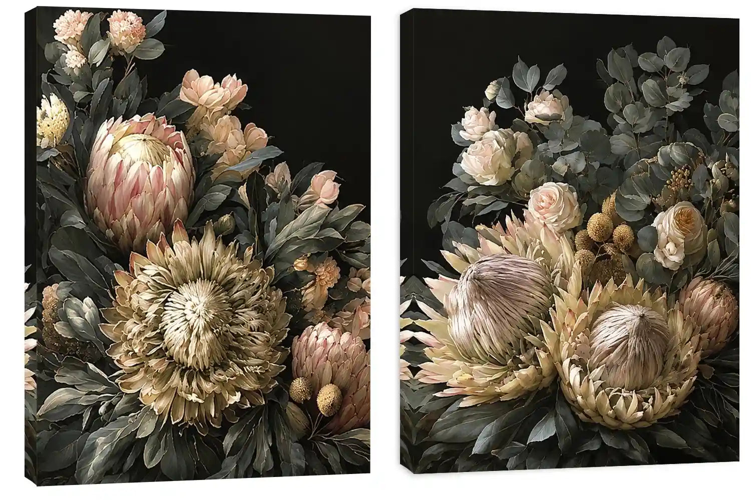 Dark floral diptych canvas art with protea roses and eucalyptus for elegant living room decor.
