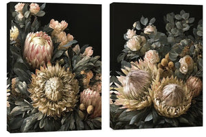 Dark floral diptych canvas art with protea roses and eucalyptus for elegant living room decor.