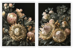 Dark floral diptych canvas art with protea roses and eucalyptus for elegant living room decor.