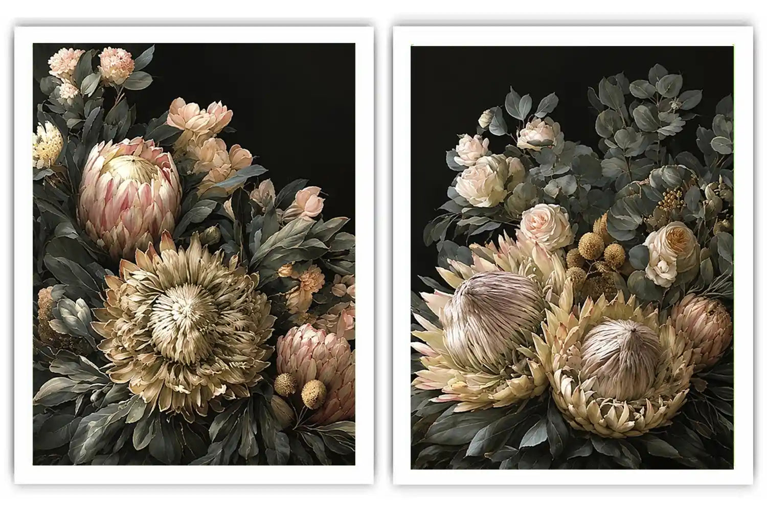 Dark floral diptych canvas art with protea roses and eucalyptus for elegant living room decor.