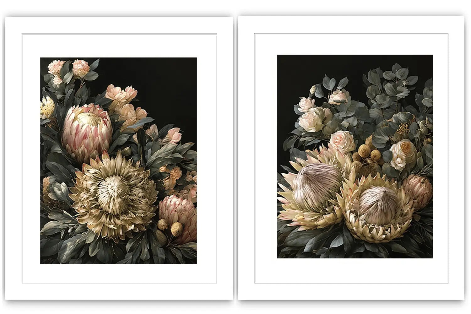 Dark floral diptych canvas art with protea roses and eucalyptus for elegant living room decor.