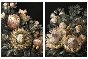 Dark floral diptych canvas art with protea roses and eucalyptus for elegant living room decor.