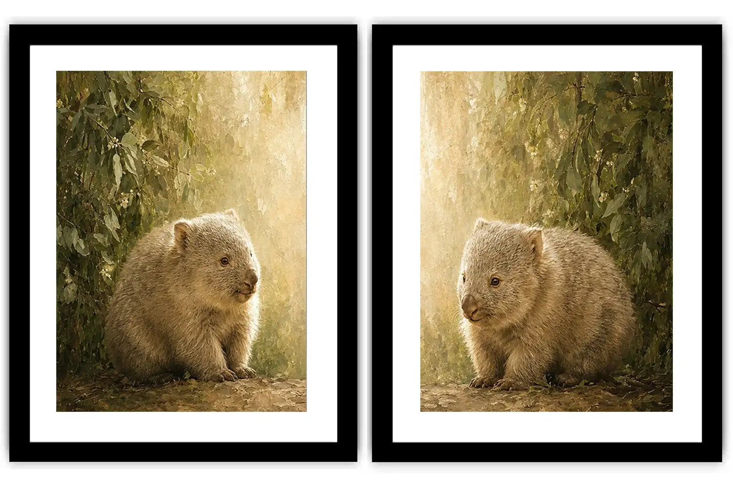 Soft wombat diptych canvas art with forest leaves for nursery or modern living room decor.