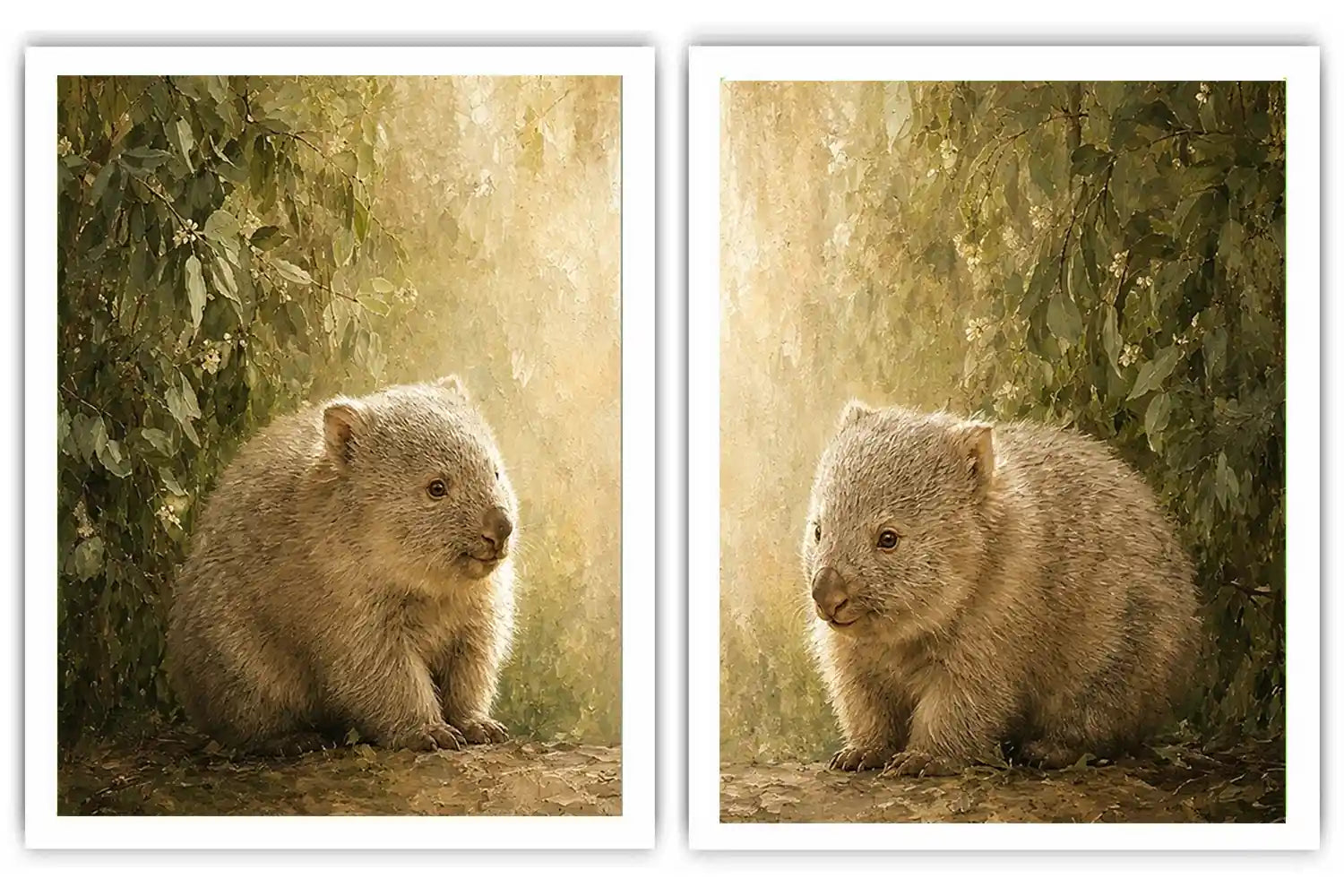 Soft wombat diptych canvas art with forest leaves for nursery or modern living room decor.