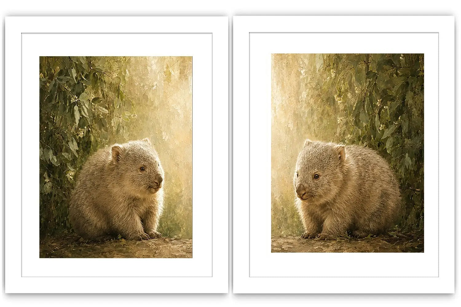 Soft wombat diptych canvas art with forest leaves for nursery or modern living room decor.