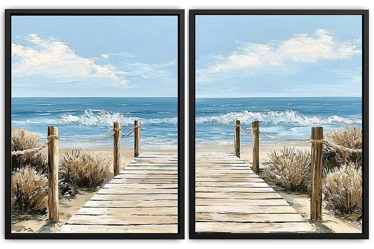 Coastal boardwalk diptych canvas art with ocean waves for modern beach house decor.