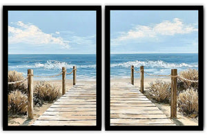 Coastal boardwalk diptych canvas art with ocean waves for modern beach house decor.
