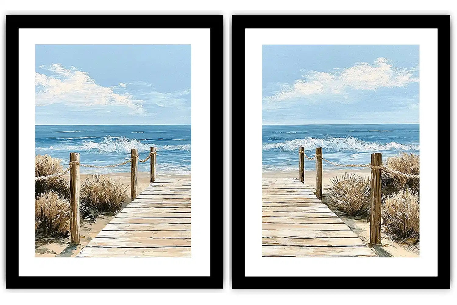 Coastal boardwalk diptych canvas art with ocean waves for modern beach house decor.