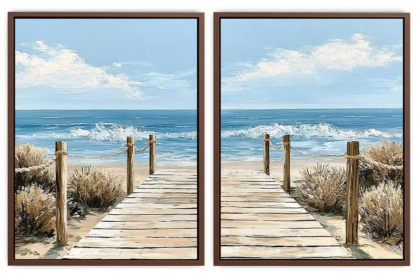 Coastal boardwalk diptych canvas art with ocean waves for modern beach house decor.