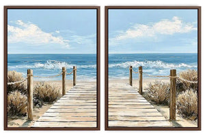 Coastal boardwalk diptych canvas art with ocean waves for modern beach house decor.
