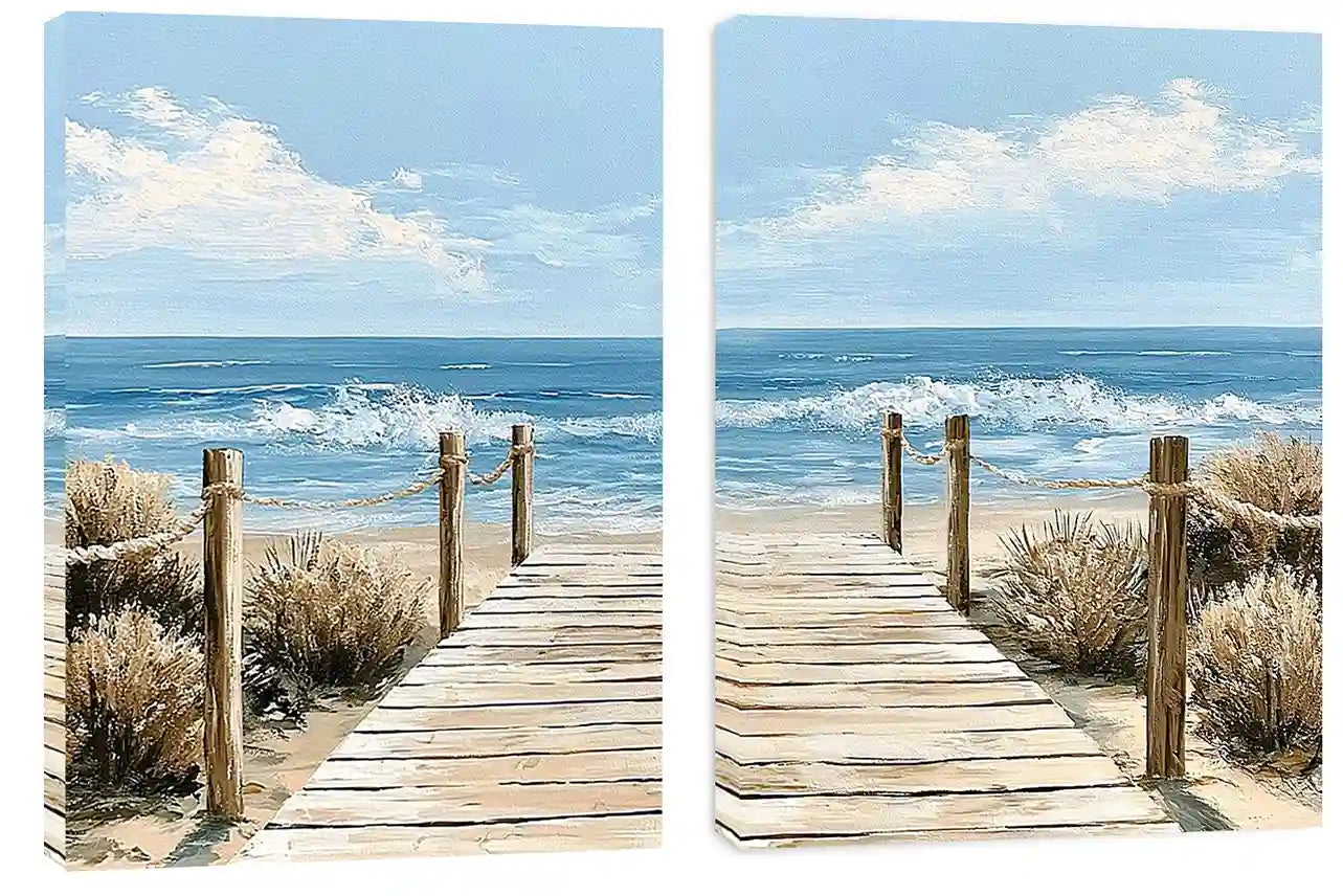 Coastal boardwalk diptych canvas art with ocean waves for modern beach house decor.