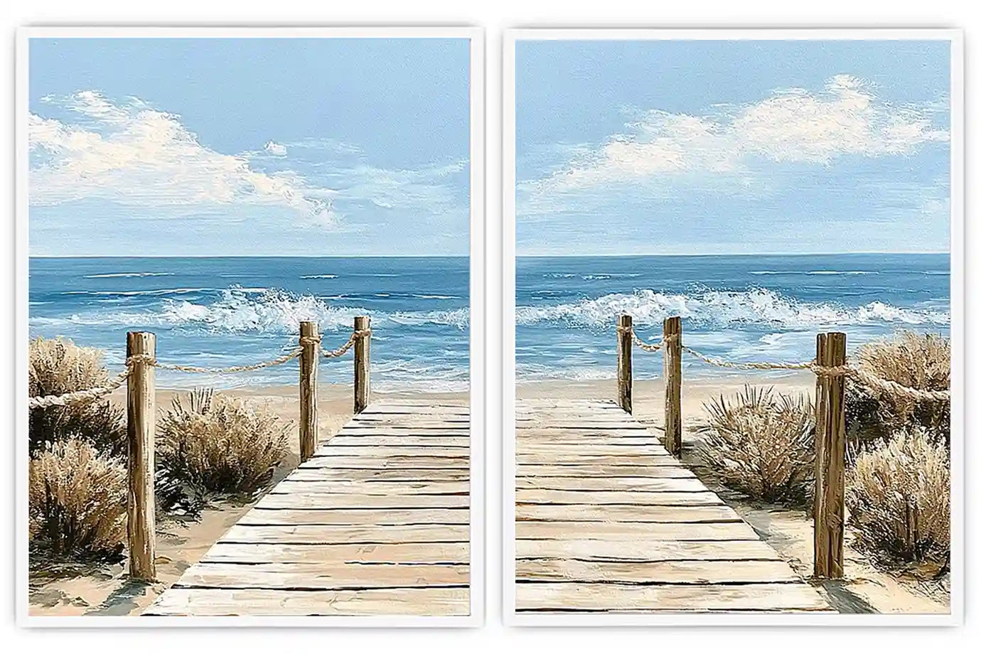 Coastal boardwalk diptych canvas art with ocean waves for modern beach house decor.