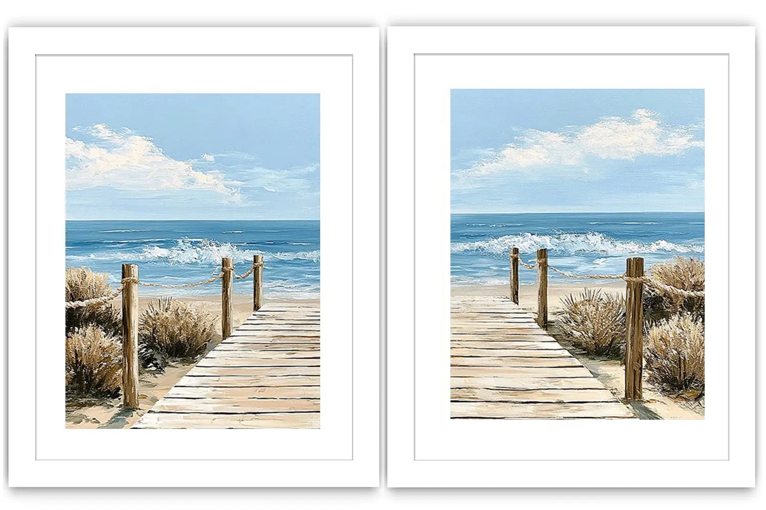Coastal boardwalk diptych canvas art with ocean waves for modern beach house decor.