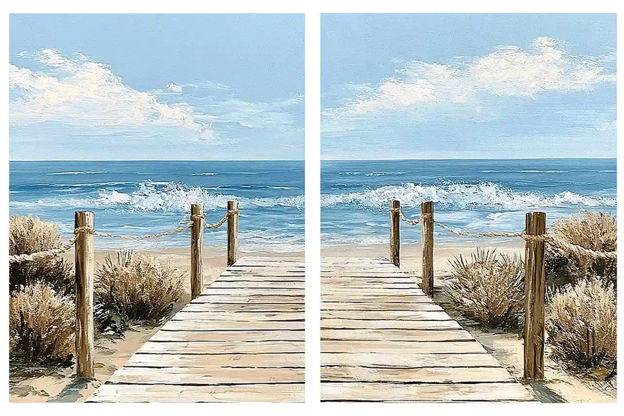 Coastal boardwalk diptych canvas art with ocean waves for modern beach house decor.