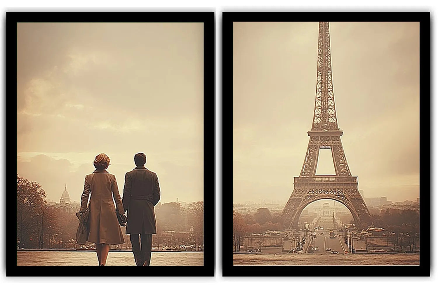 Vintage Paris diptych canvas art with Eiffel Tower and romantic couple for elegant living room decor.