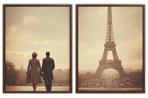 Vintage Paris diptych canvas art with Eiffel Tower and romantic couple for elegant living room decor.